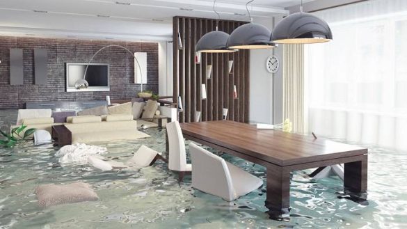 Flooded dining room area.
